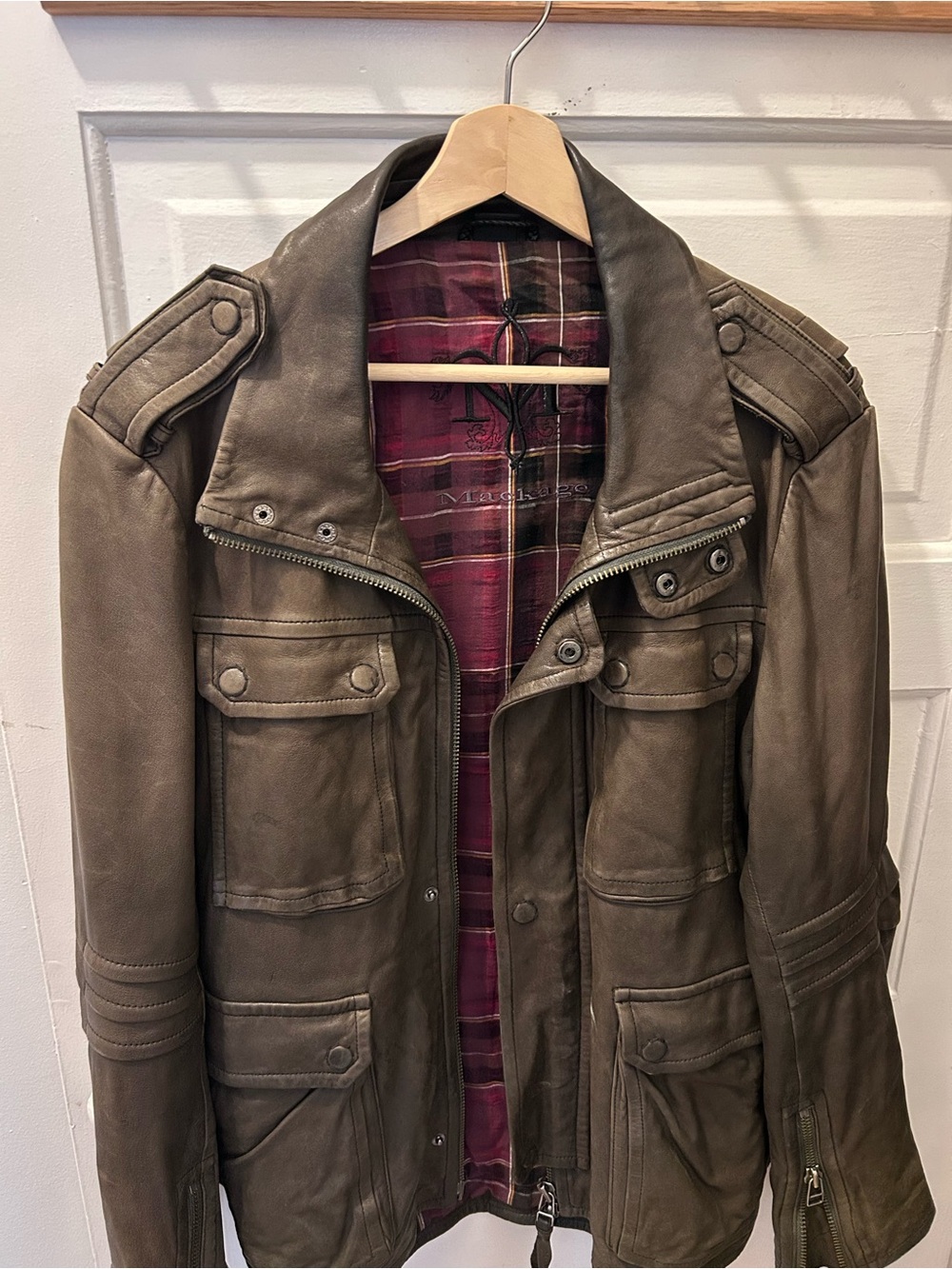 Mackage Olive Brown Leather Military Field Jacket with Plaid Lining